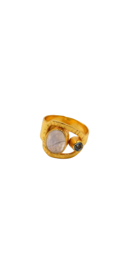 Rainbow Moonstone & Blue Topaz Ring